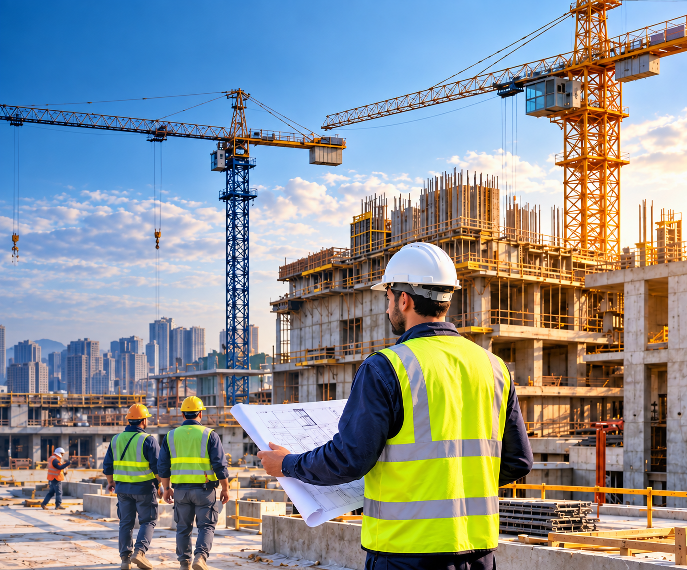 Lokasi konstruksi perkotaan dengan crane menjulang dan tim proyek